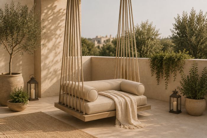 Rope-Suspended Hanging Daybed with Bolster Cushions