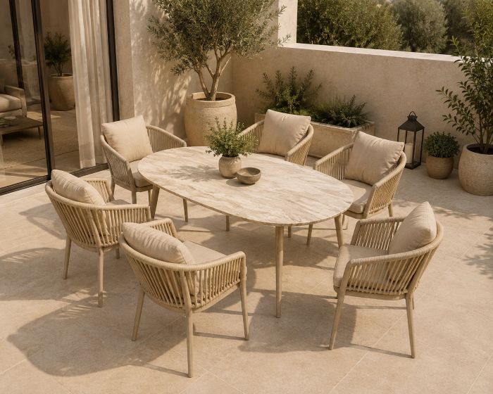 rope woven furniture with marble dining table for terrace decor 