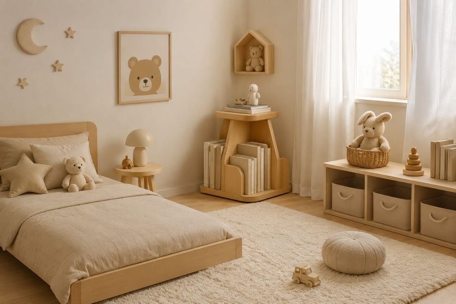 Rotating Corner Bookshelf Stand for Kids Room and Beige Home Decor
