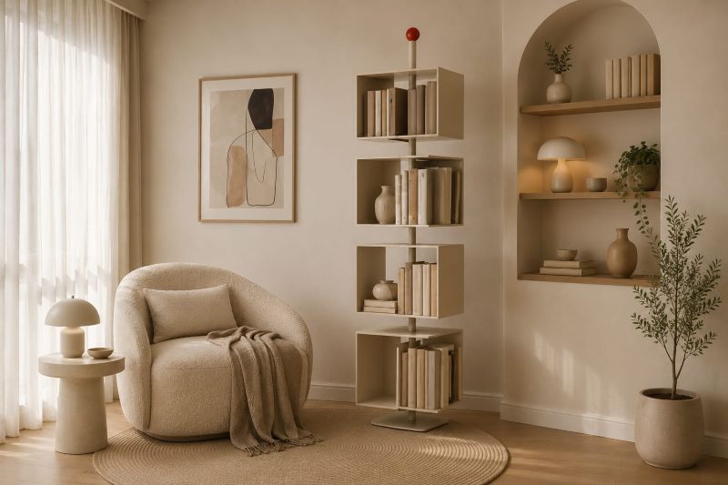 Rotating Tower Bookshelf with Boucle Chair Nook