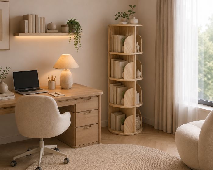 Rotating Wood Corner Bookshelf for Beige Home Office