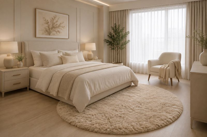 Round shaggy rug for a cozy bedroom interior