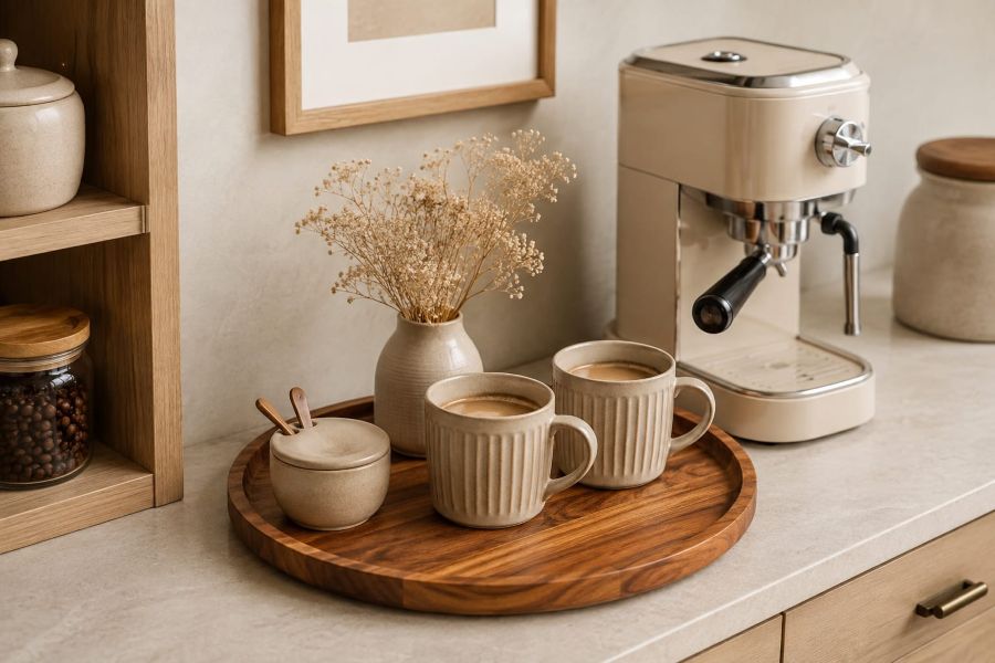 Modern coffee station ideas with Round Walnut Wood Serving Tray