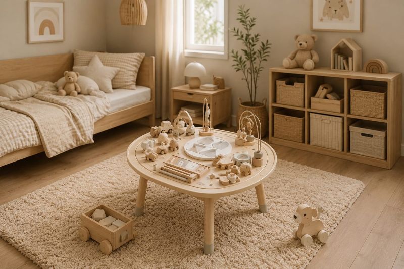 Kids Beige Bedroom Decor with Round Wooden Kids Activity Play Table 