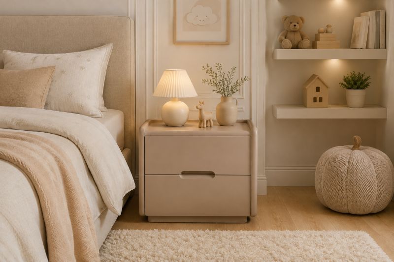 Rounded Two-Drawer Nightstand in Warm Taupe for Beige Kids bedroom interior