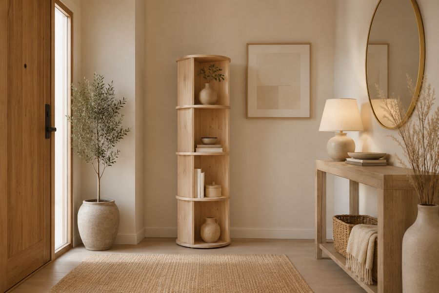 Modern entryway with rounded corner shelf