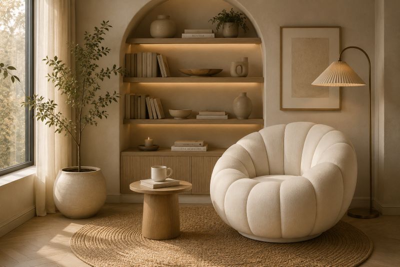 Scalloped boucle chair with arched bookshelf nook
