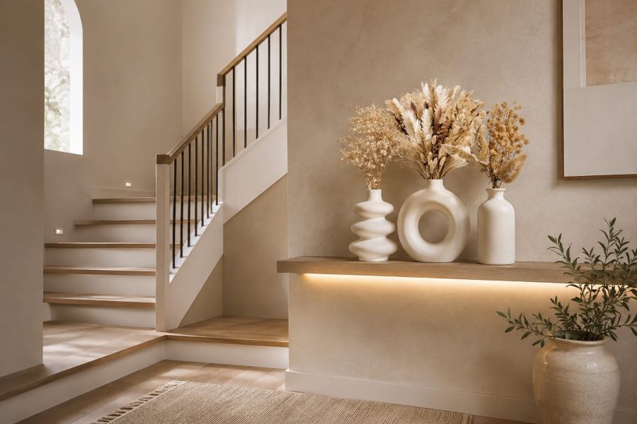 Create a Sculptural Vase Display for quiet luxury staircase
