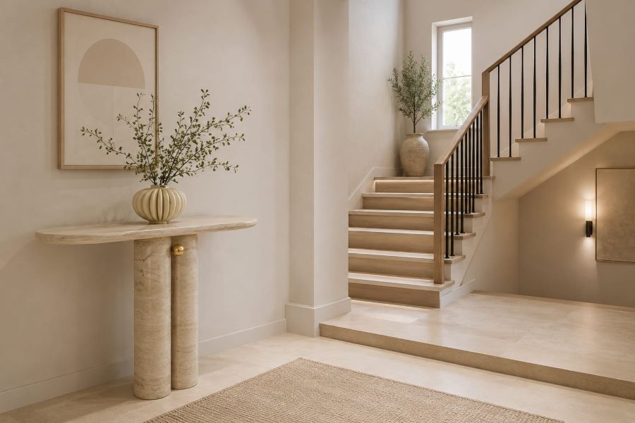 Travertine Console Table for modern beige staircase display