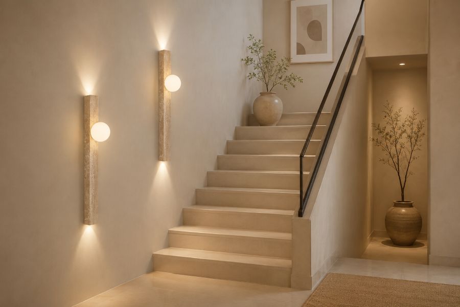 Add Sculptural Travertine Wall Sconces for your beige staircase wall decor
