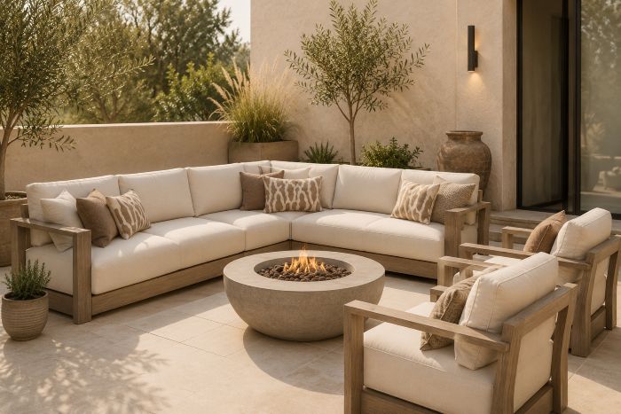 Sectional lounge with fire pit furniture for modern beige home decor