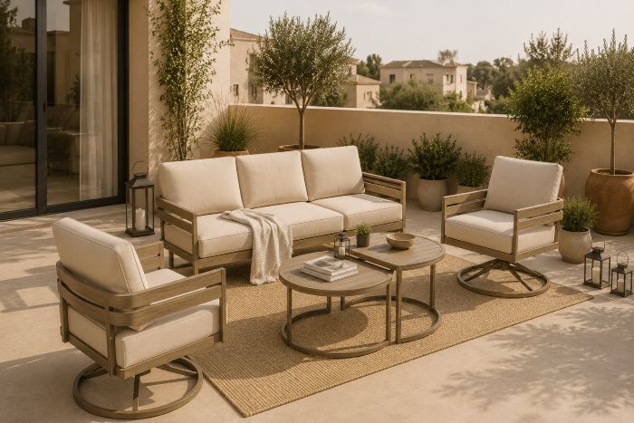 Slatted Sofa with Swivel Chairs and Nesting Tables for beige terrace furniture ideas