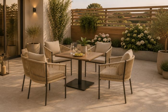 Terrace furniture ideas including rope woven chairs with table