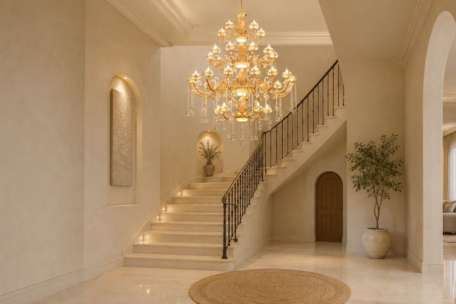 beige staircase decor ideas with crystal chandelier and minimal deccor items