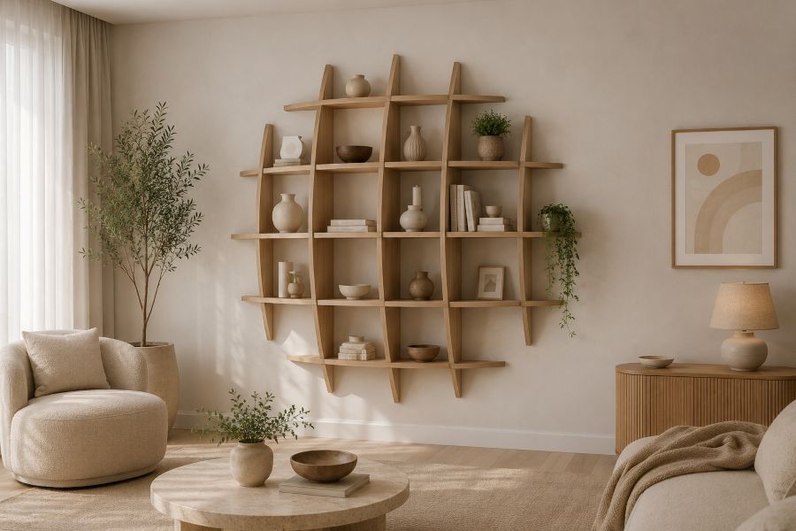 Sculptural Curved Wood Grid Shelving for beige home
