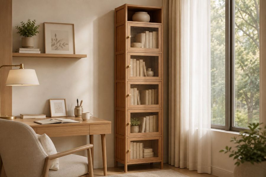 Tall wooden Cabinet with Reeded Glass Doors