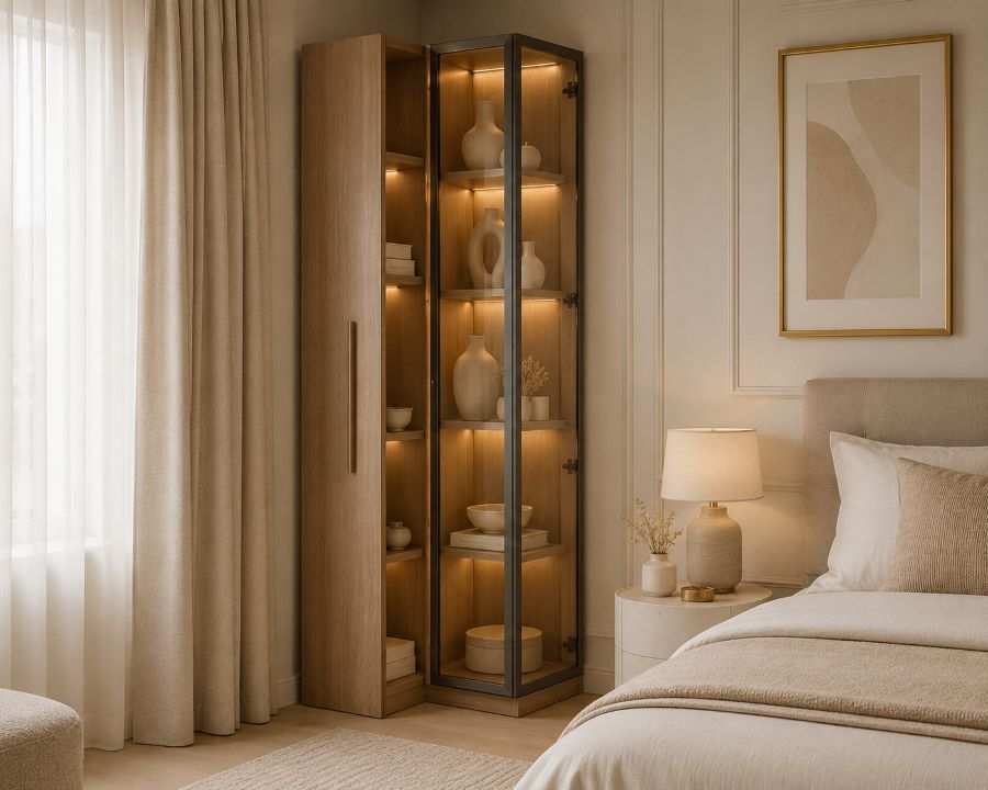 Tall Wood Corner Cabinet with Glass Shelves
