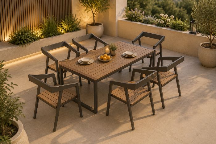 Teak-and-Metal Dining Set with Evening Lighting