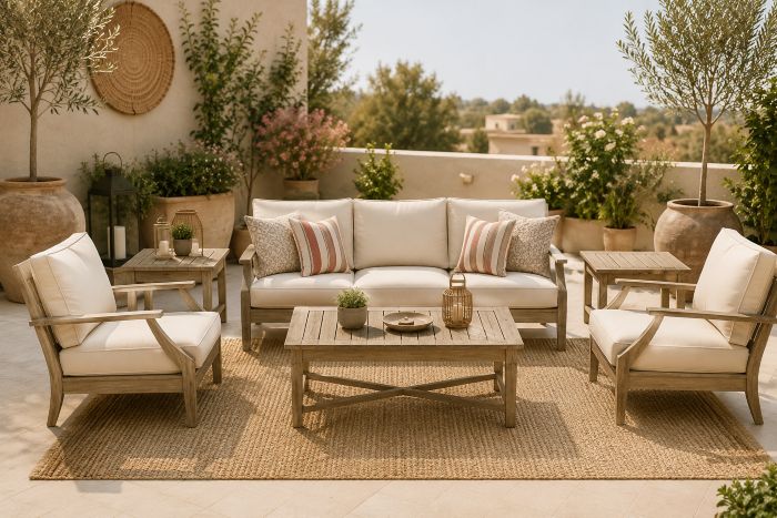 Teak Sofa Set with Terracotta Pillows for beige terrace decor ideas