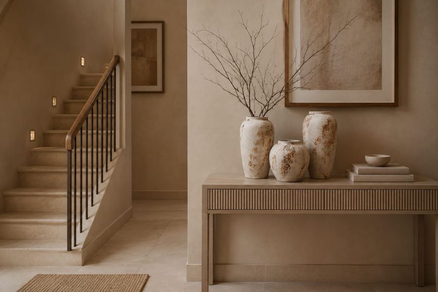 Decorate a Console with Textured Vases for staircase decor ideas