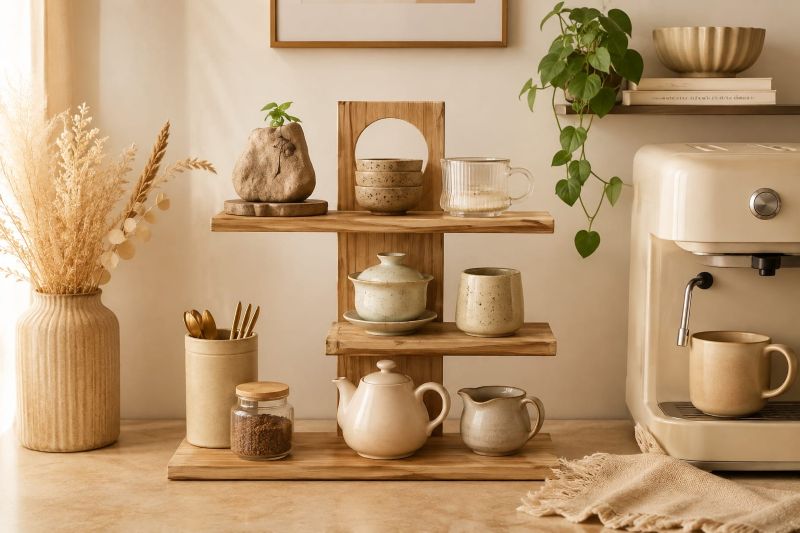 Tiered Wooden Coffee Display Shelf for cozy beige interior