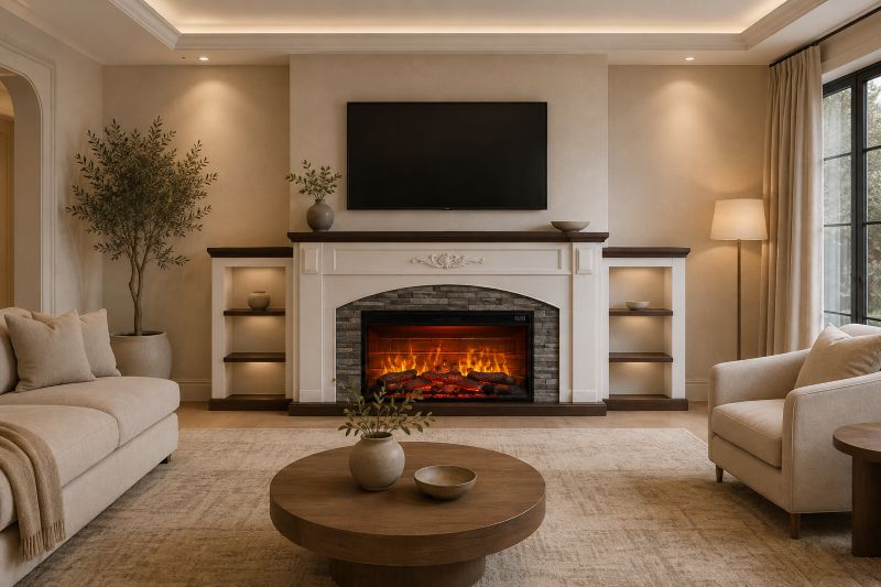 Traditional Beige Fireplace TV Wall with Built-In Shelving