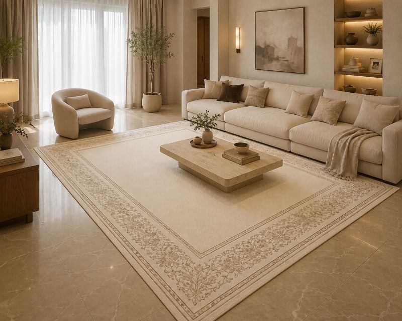 Traditional Floral Border Beige Rug for the Living Room