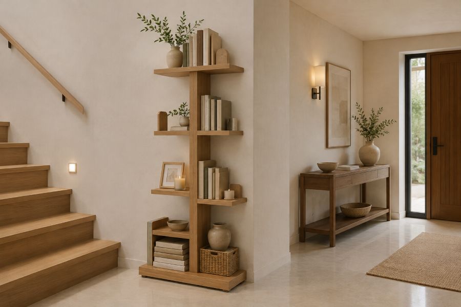 Modern book shelf near staircase and entryway 