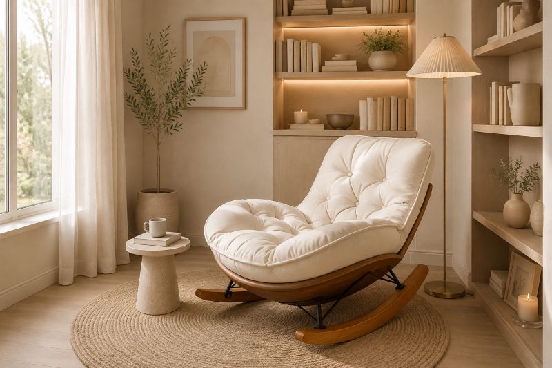 Tufted rocking chair with built-In bookshelf Nook
