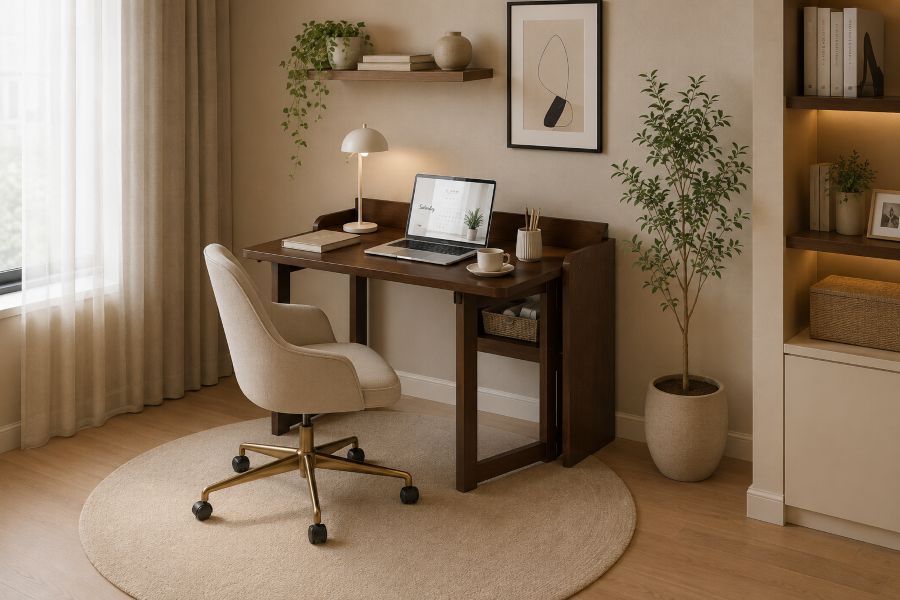 Walnut Desk with beige chair for modern beige home office decor