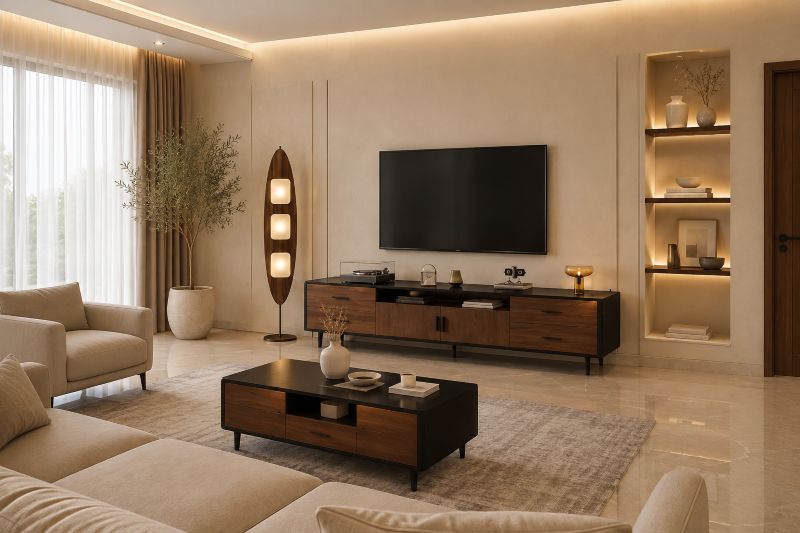 Walnut TV Console with Coffee Table for modern tv wall decor ideas