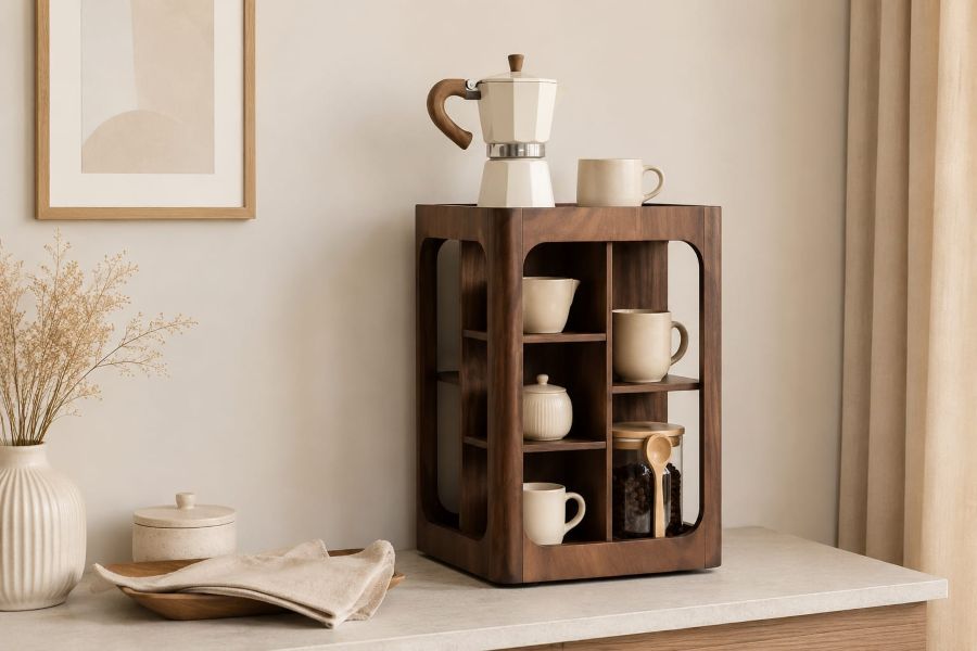 Walnut Wood Rotating Coffee Mug Organizer Shelf