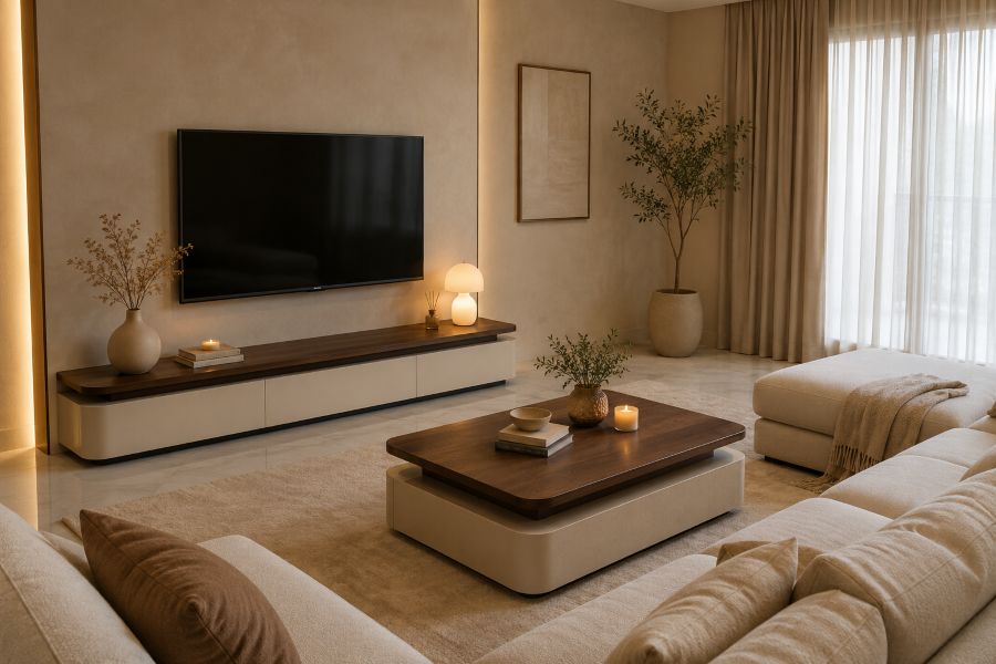 Warm beige TV wall with walnut console & coffee table