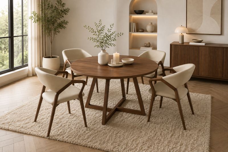Warm walnut dining set with beige chairs for modern home