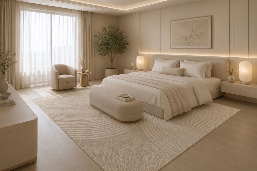 Wave-textured beige bedroom rug for modern interior