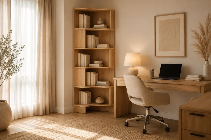 beige home office decor with built-in bookshelf
