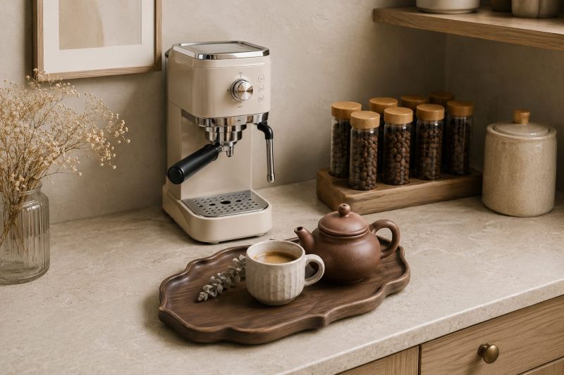 Wavy Edge Wooden Serving Tray for modern beige kitchen decor ideas