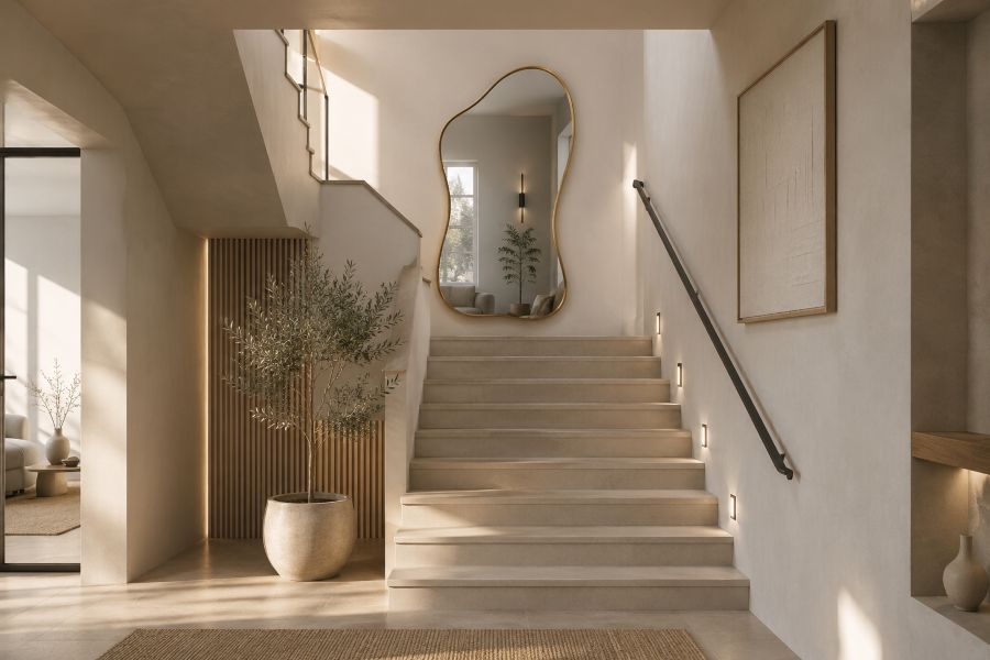 Wavy Gold-Framed Mirror on the Staircase Wall