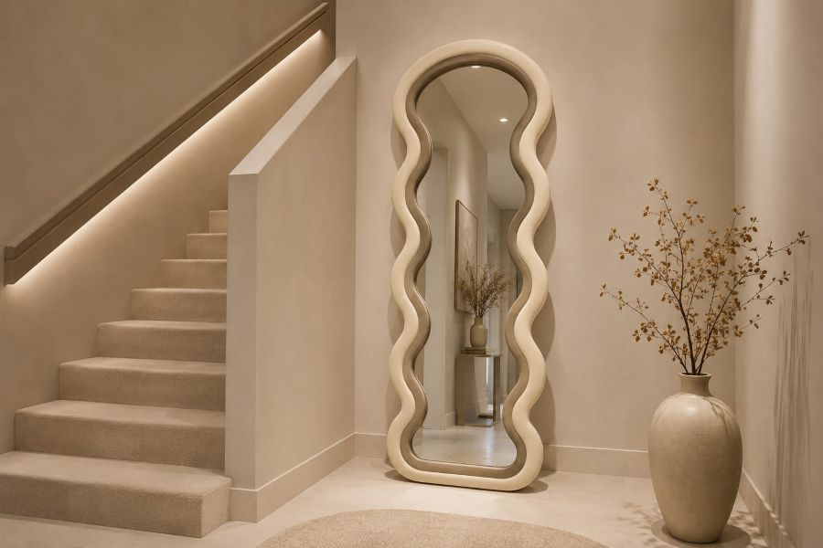  Choose a Wavy Sculptural Mirror for quiet luxury staircase decor