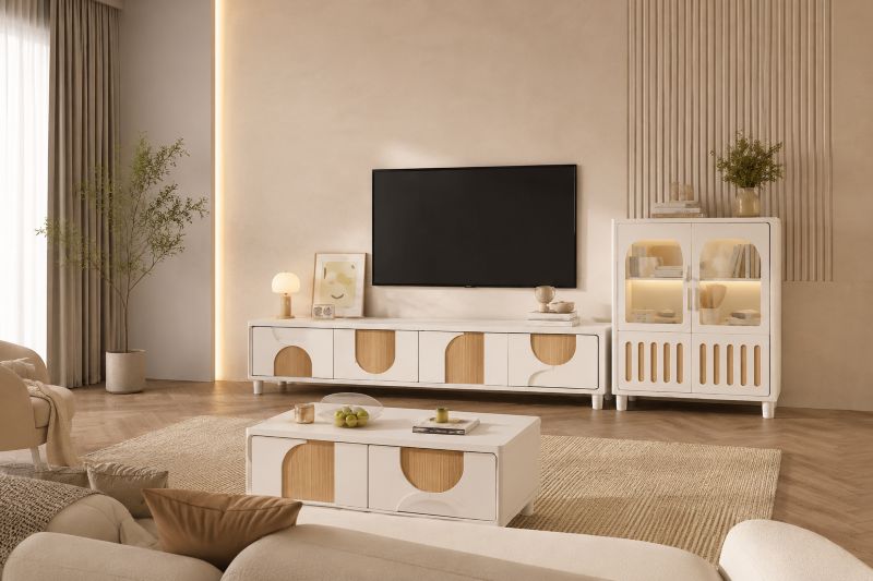 White & wood arch detail TV console with display cabinet