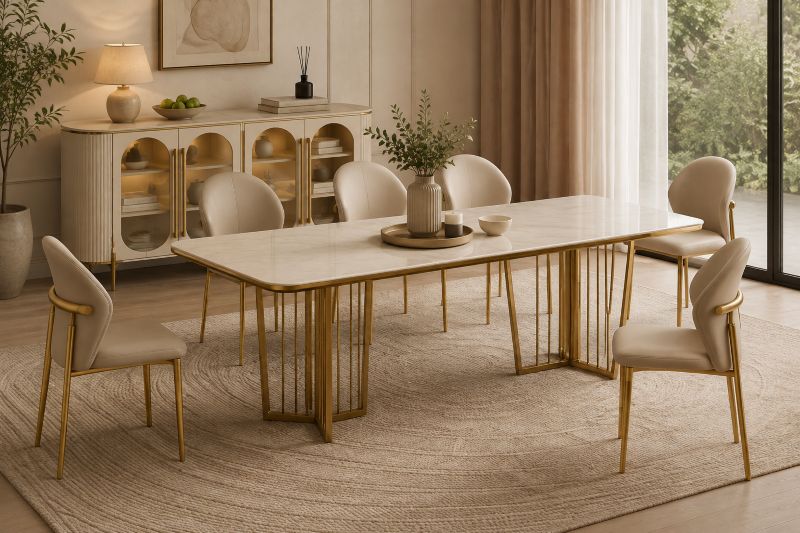 luxury white marble dining table with gold base 
