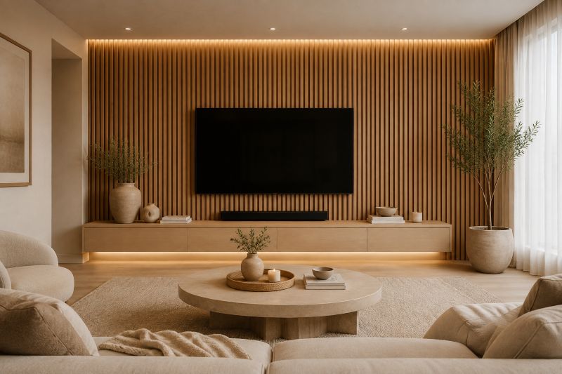 Wooden slat wall panels TV wall with round coffee table