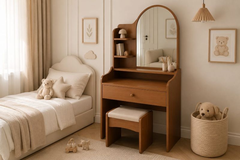 Wooden vanity dressing table with arched mirror and stool for a kids bedroom