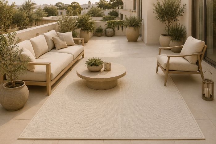 Woven beige outdoor rug for the terrace
