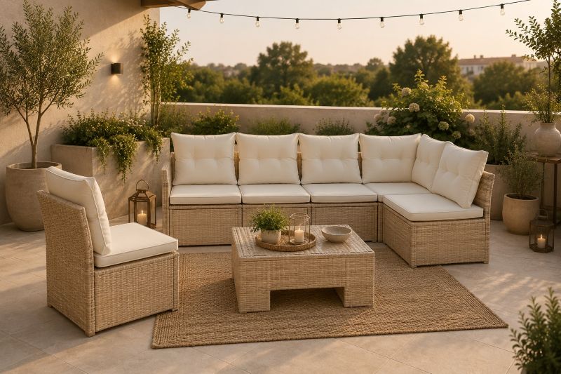 rattan sectional beige furniture with string lights for terrace