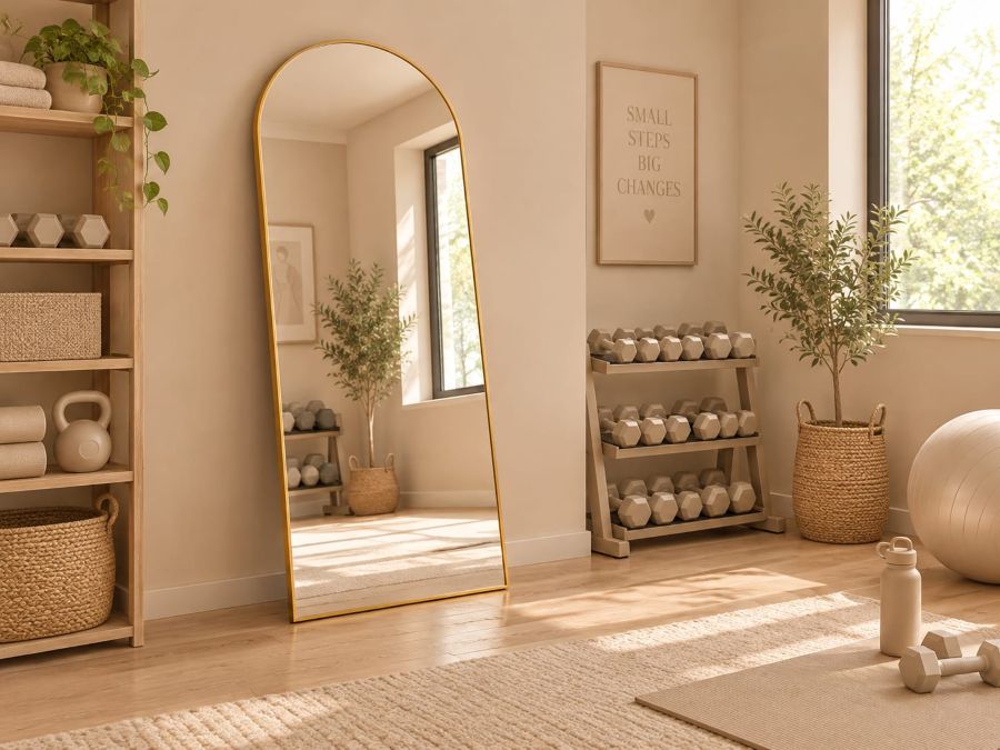 Beige home gym decor ideas with arched full length gold mirror