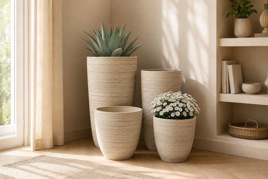 Beige Corner Plant Grouping with Textured Ceramic Planters