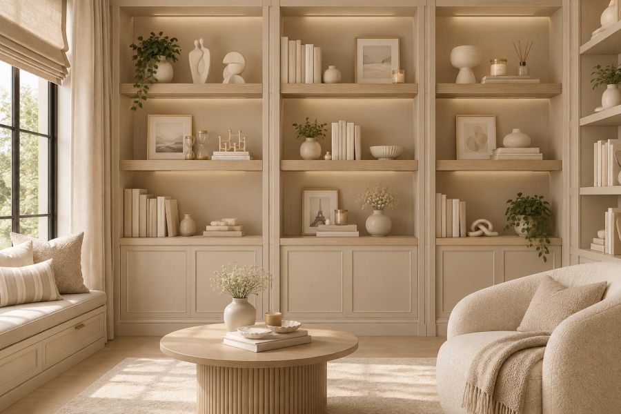 Built-In Floating Shelves for home library with Ambient Lighting and Decor