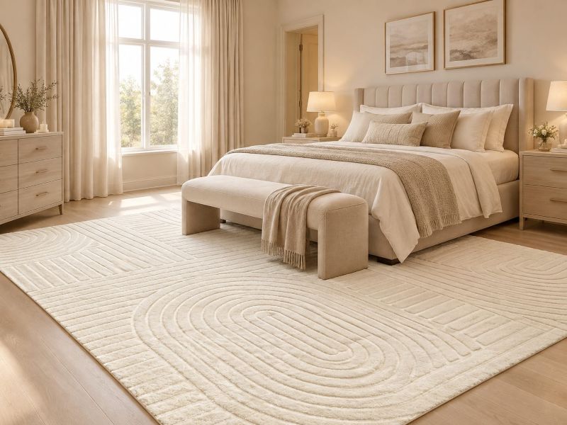 Modern beige bedroom with carved rug for flooring ideas