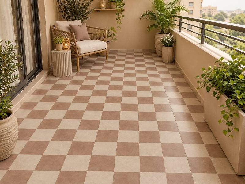 modern beige flooring with Checkered Terracotta Balcony Tiles